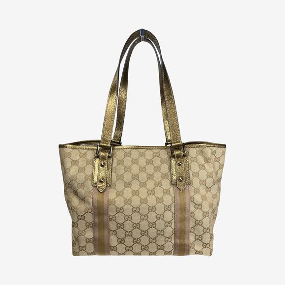 Gucci GG Canvas Gold Leather Trim Tote 137396 002404 with Charm & Cards - Picture 4 of 15